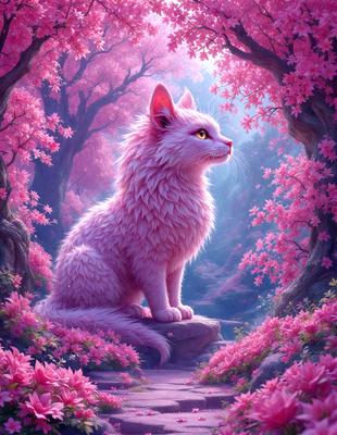 The primary subject of the image is a white cat sitting on a rock in a pink flower forest. The setting is a beautiful, pink flower forest with trees and flowers surrounding the cat. The visual style of the image is a digital art or illustration, creating a whimsical and vibrant atmosphere. The dominant colors in the image are pink and white, giving the scene a soft and dreamy mood.